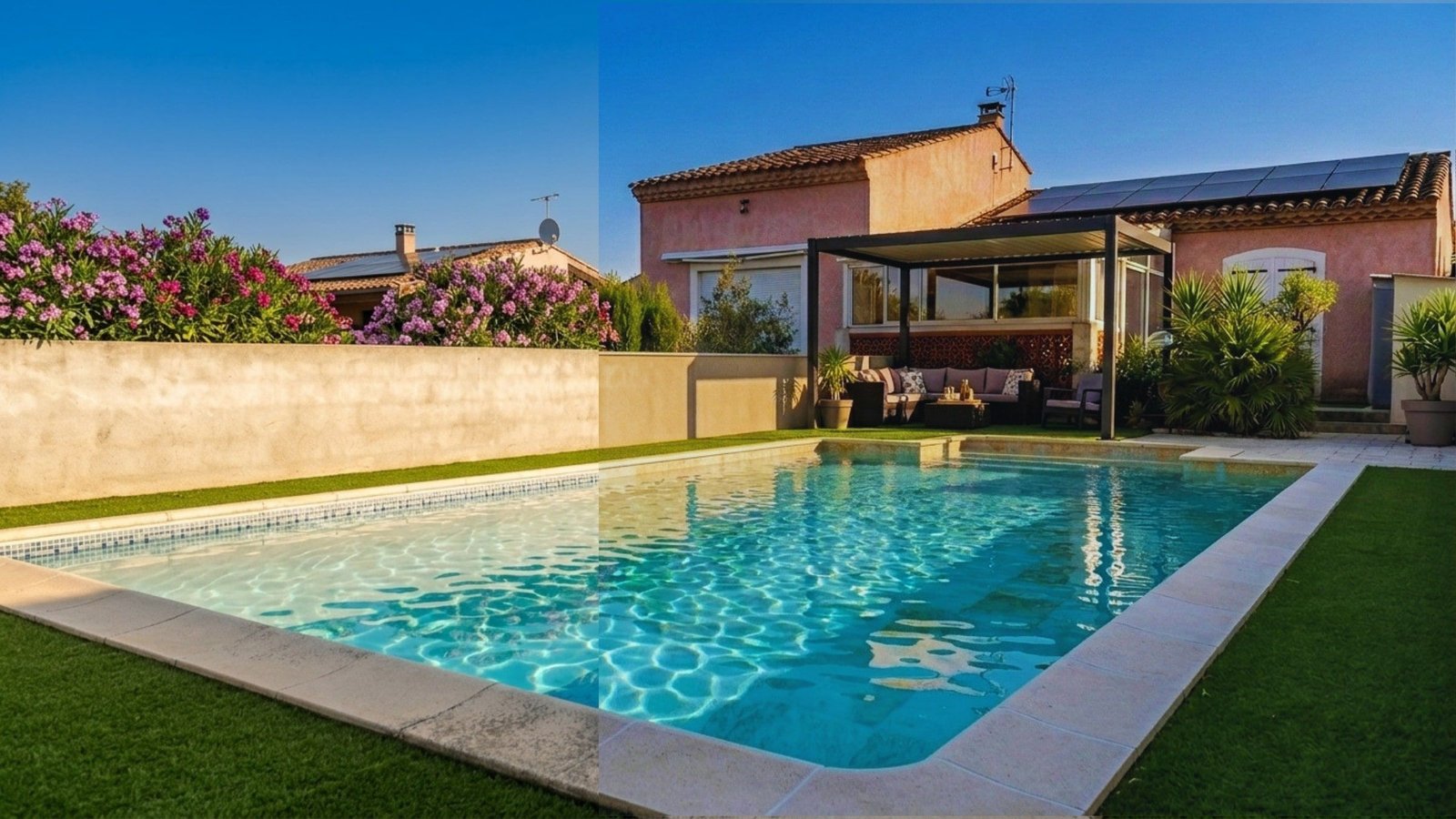 Piscine avant et après le changement de liner effet pierre de Bali sable