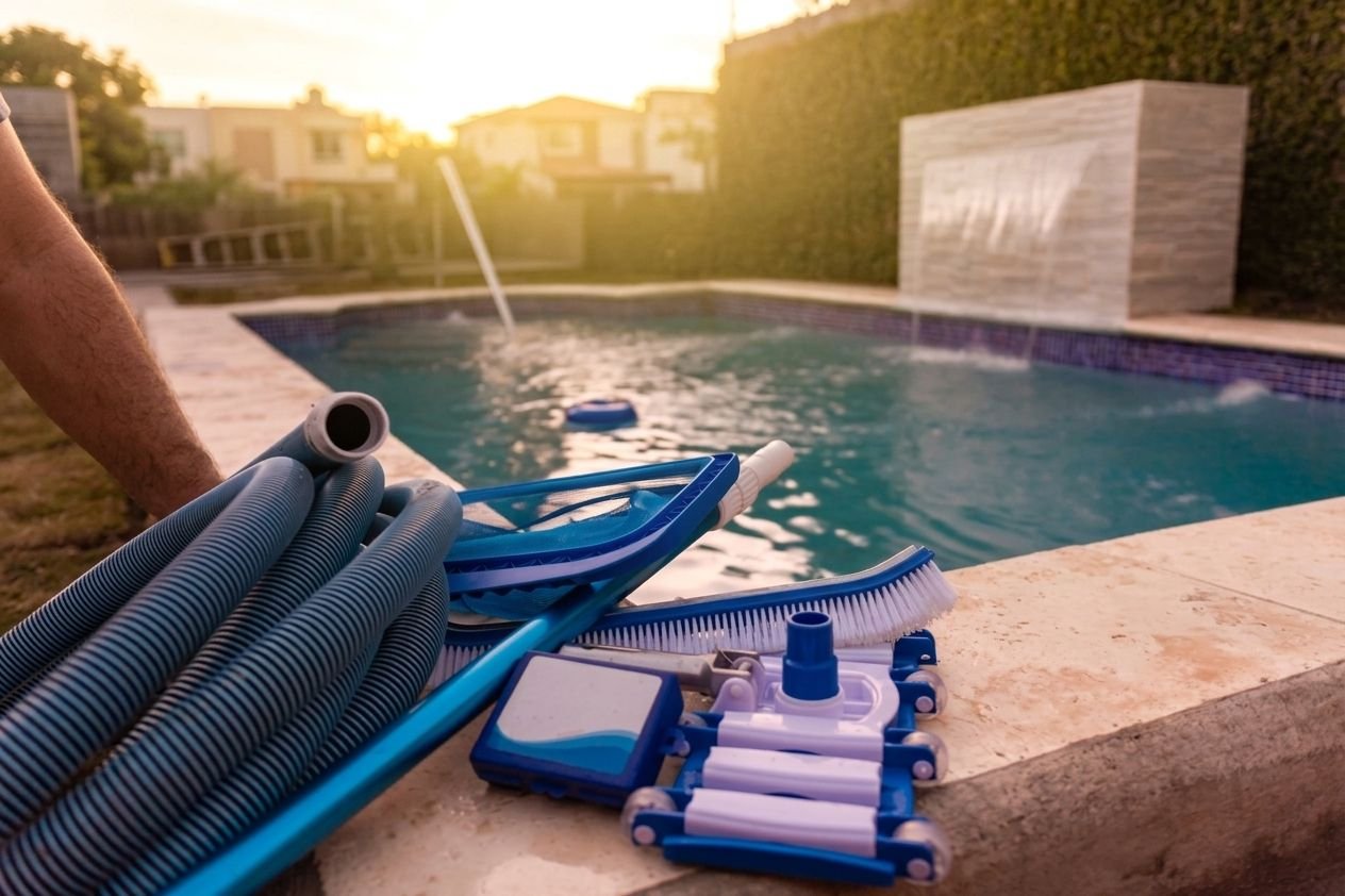 Matériel d’entretien de piscine : balai aspirateur, brosse et tuyau flottant au bord du bassin